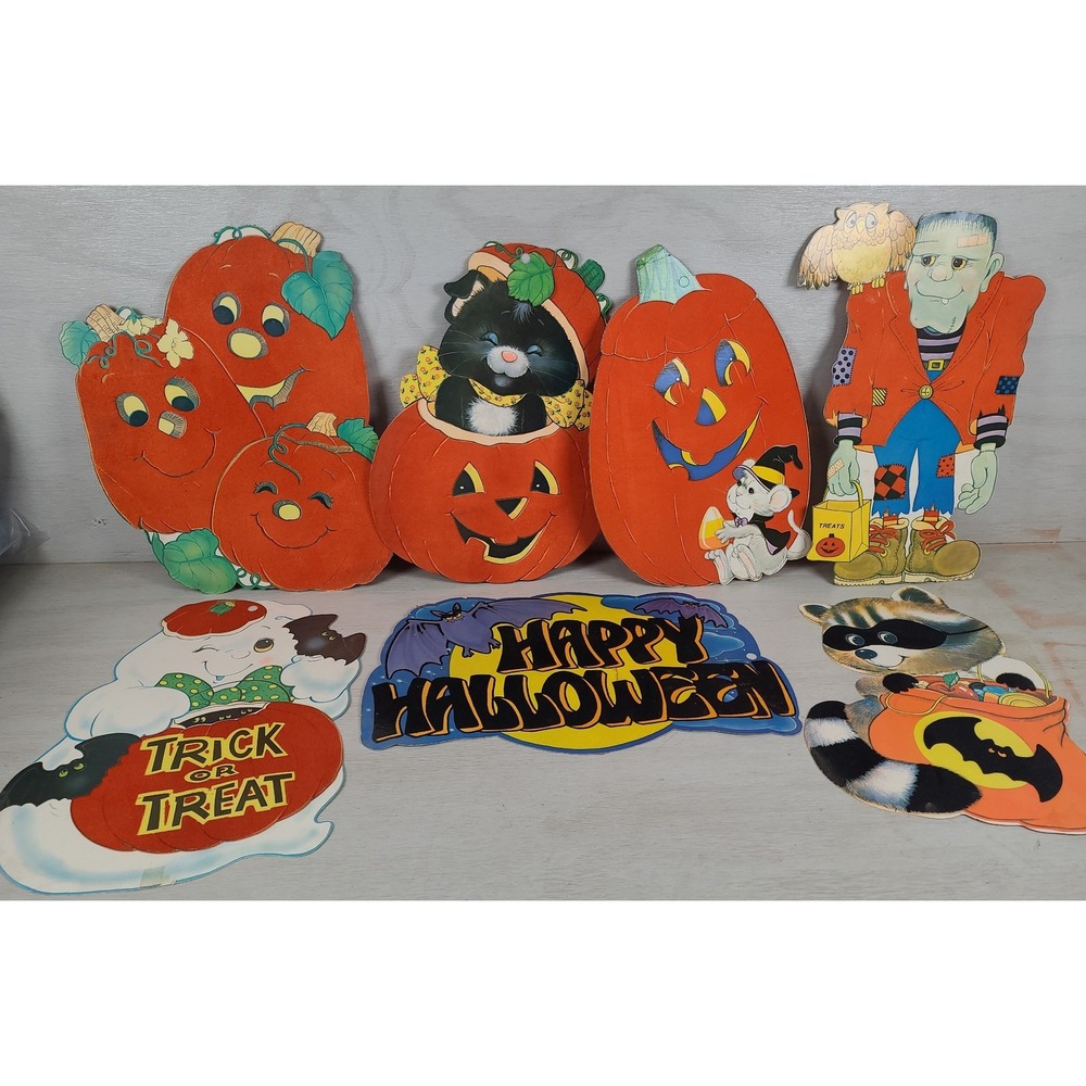 Vintage Halloween Die Cut Flocked Wall Decor Lot 7pc Pumpkins Cat Ghost